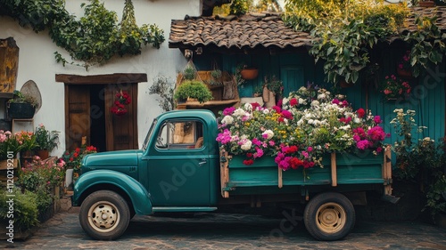 Old teal truck filled with colorful flowers parked beside rustic house plants all around