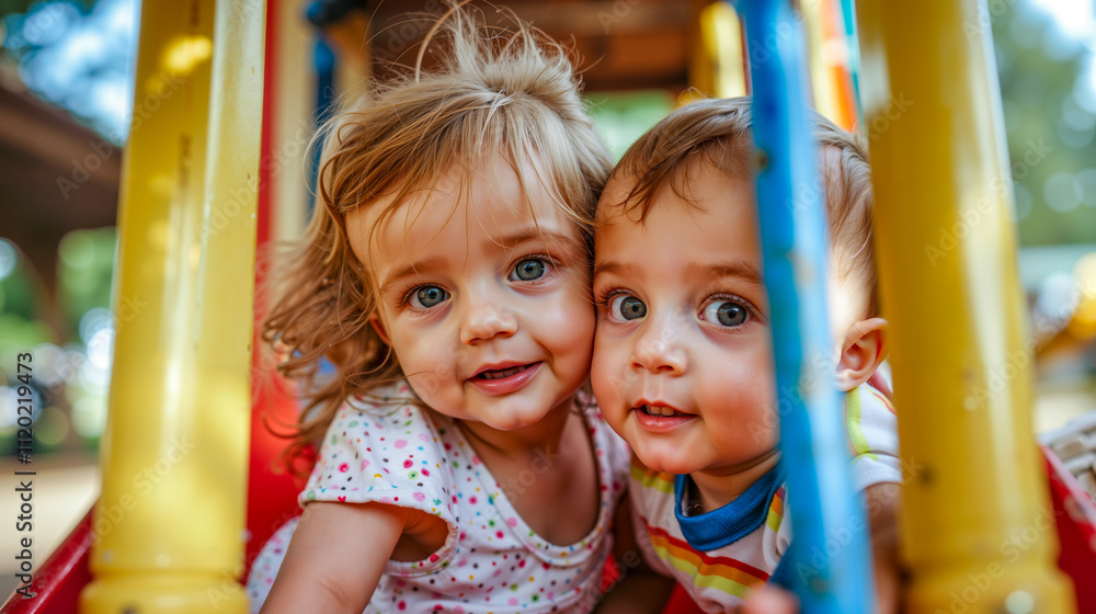 Two small children are sitting on a playground slide Two small children are sitting on a playground slide
