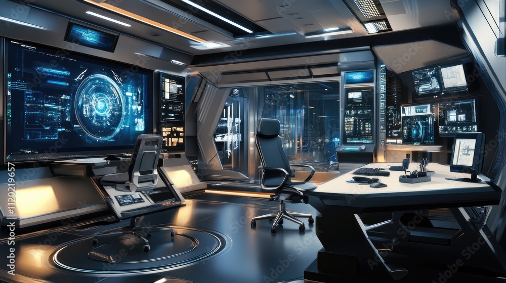 Naklejka premium Futuristic Control Room with High-Tech Screens and Modern Furniture