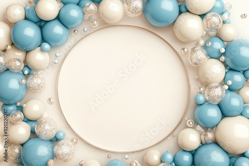 blue and cream elegant ballon decoration with frame arch and round empty space 