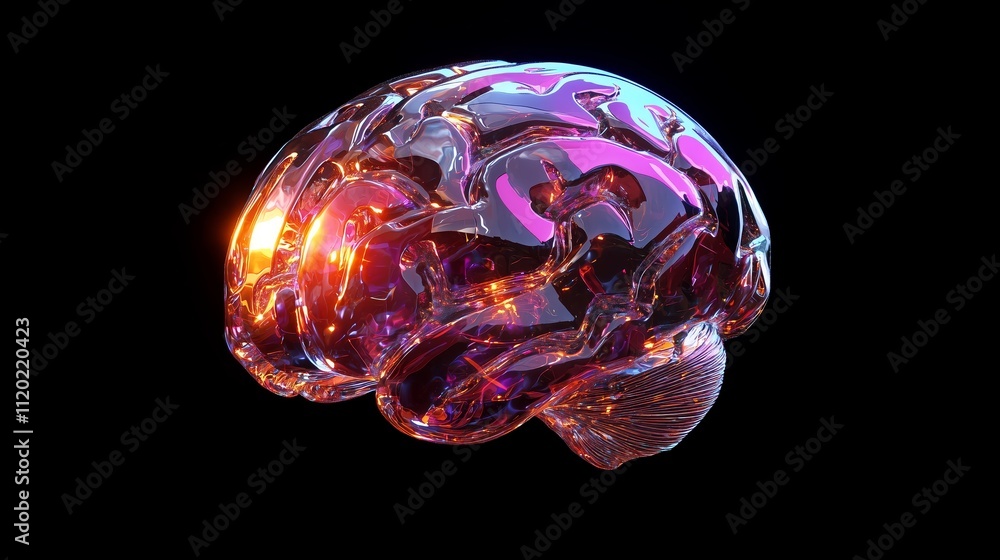 Glossy Digital Illustration of Human Brain in Vibrant Colors on Black Glossy Digital Illustration of Human Brain in Vibrant Colors on Black