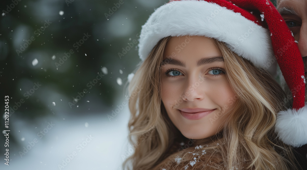 Photo of a beautiful young woman with her father, exuding a Christmas vibe. The happy expression on her face, captured in a half-body shot, creates a romantic mood as she looks dir Photo of a beautiful young woman with her father, exuding a Christmas vibe. The happy expression on her face, captured in a half-body shot, creates a romantic mood as she looks dir