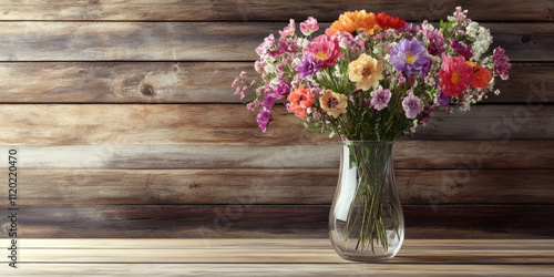 Bouquet of Colorful Flowers in Glass Vase on Wooden Table Background, Bright and Fresh Floral Arrangement in a Clear Vase Set on a Warm Wooden Surface