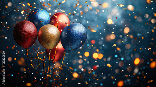 Festive Balloons and Confetti: A Celebration of Joyful Moments. Colorful, shiny balloons, red, gold, and blue, are captured amidst a flurry of gold and silver confetti against a dark, bokeh-filled bac