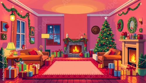 Christmas background image with retro game vintage videogame graphics of a living room furnished with Christmas decorations and Christmas tree photo