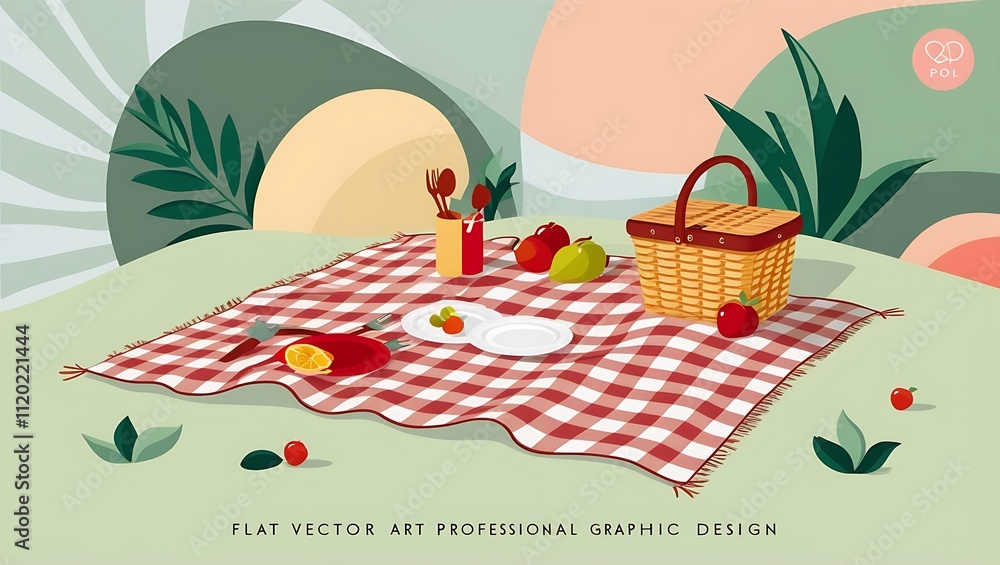 Fototapeta premium A delightful picnic scene with checkered blanket and basket