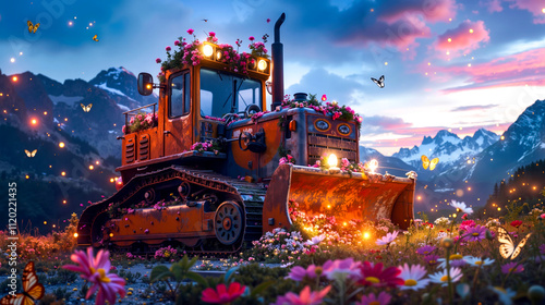 A bulldozer in a field of flowers with butterflies flying around it