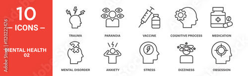 Set of 10 Mental Health and Psychology Icons in Minimal Line Style