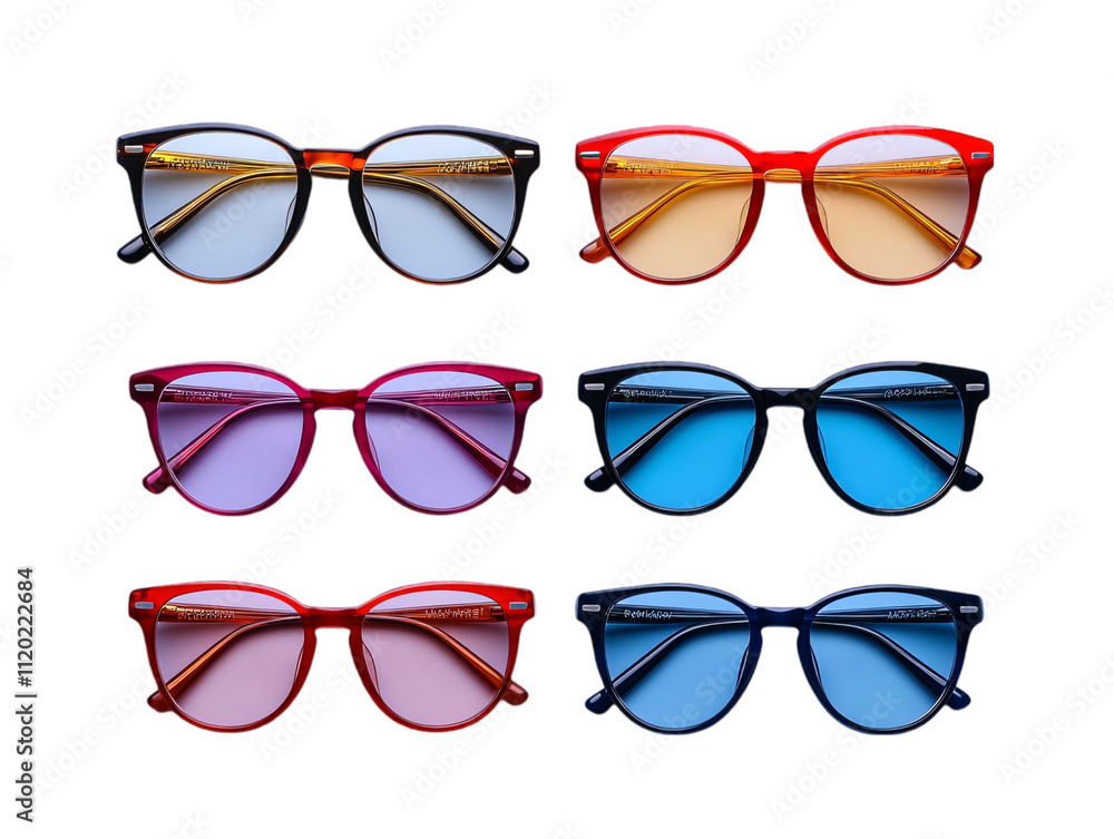 A vibrant array of stylish eyewear featuring colorful lenses in various shapes and hues, arranged in a grid format on transparent background. A vibrant array of stylish eyewear featuring colorful lenses in various shapes and hues, arranged in a grid format on transparent background.
