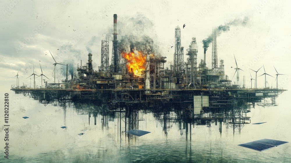 A dramatic industrial scene depicting an oil refinery engulfed in flames, surrounded by water and wind turbines, highlighting a stark contrast between energy sources. A dramatic industrial scene depicting an oil refinery engulfed in flames, surrounded by water and wind turbines, highlighting a stark contrast between energy sources.