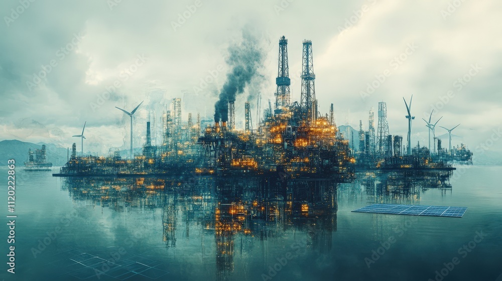 An industrial oil rig surrounded by water, showcasing smokestacks and wind turbines against a moody sky, highlighting energy production and environmental themes. An industrial oil rig surrounded by water, showcasing smokestacks and wind turbines against a moody sky, highlighting energy production and environmental themes.