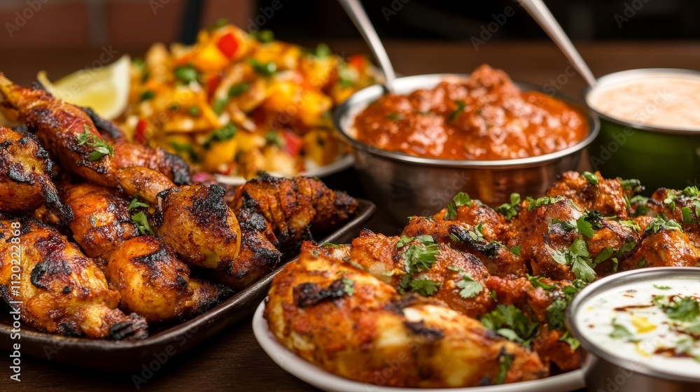 A vibrant spread of grilled meats and sides, showcasing a delicious feast. A vibrant spread of grilled meats and sides, showcasing a delicious feast.