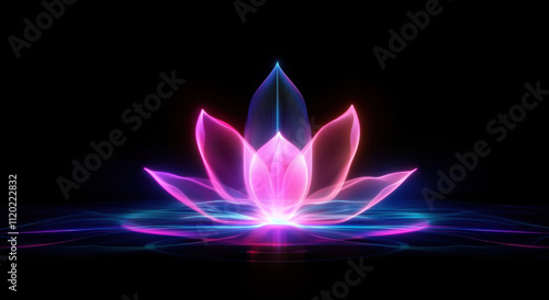 A stunning display of a lotus flower illuminated with vibrant pink and purple hues against a dark backdrop, creating a serene and calming atmosphere. Light radiates softly, enhancing its beauty.