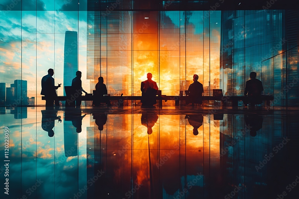 Silhouette Business Team Skyscraper Sunset Connection Silhouette Business Team Skyscraper Sunset Connection