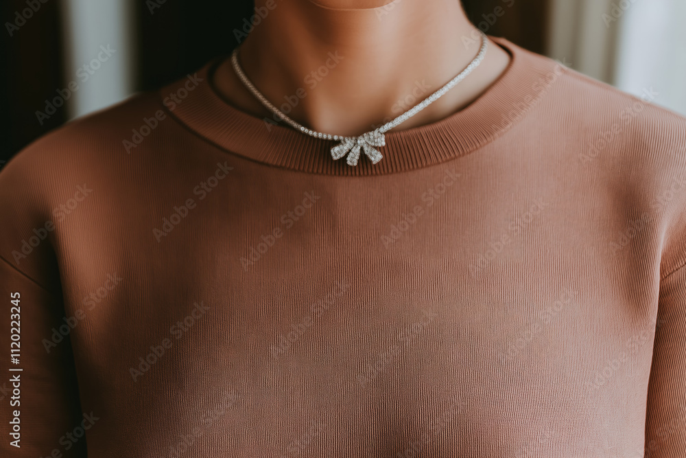 closeup of a woman wearing a stylish mocha mousse color of the year 2025 colored top, with a delicate silver bow necklace closeup of a woman wearing a stylish mocha mousse color of the year 2025 colored top, with a delicate silver bow necklace