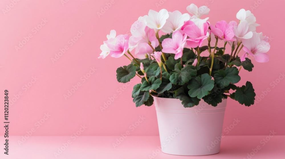 Fototapeta premium Beautiful pink and white cyclamen flowers bloom vibrantly in a simple white pot, set against a soft pink background, enhancing the charm of any indoor space or decor style