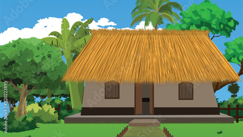 Vector illustrator of a mud house in the forest sorrounded by palm tree,coconut trees,bushes and clouds under a blue sky