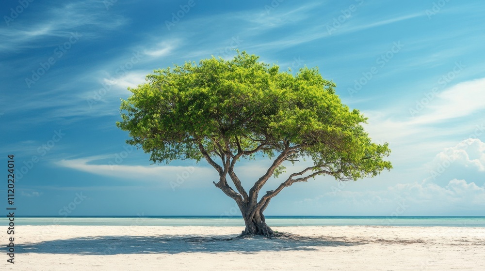Serene Tropical Paradise: Tranquil Green Tree on Sandy Beach with Clear Skies Serene Tropical Paradise: Tranquil Green Tree on Sandy Beach with Clear Skies