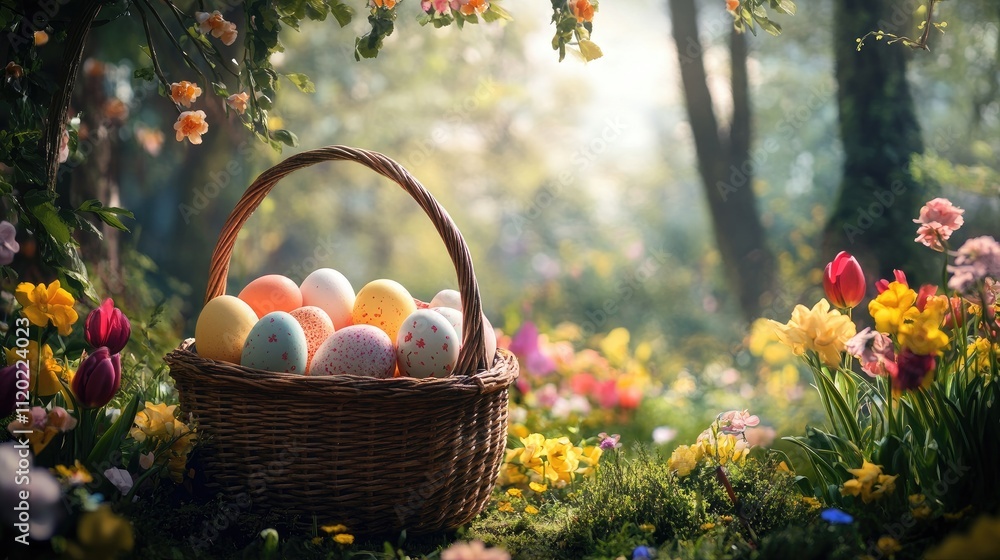 Beautiful Easter Basket with Colorful Eggs Surrounded by Flowers Beautiful Easter Basket with Colorful Eggs Surrounded by Flowers