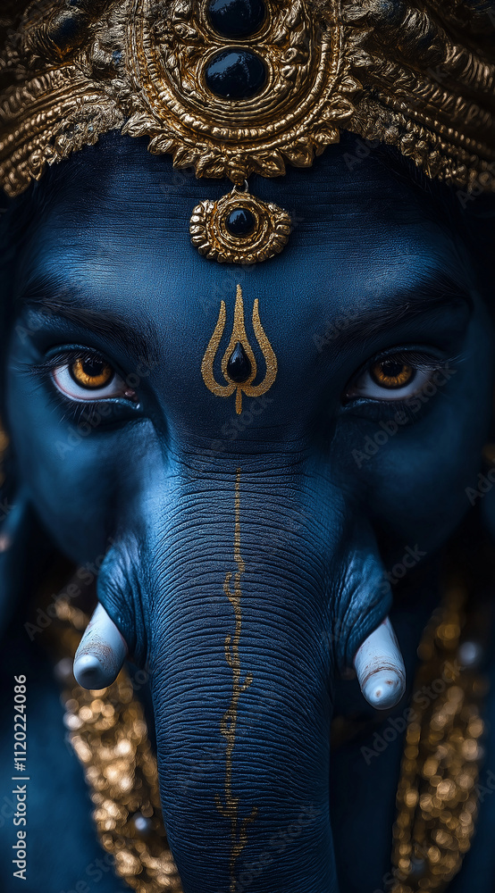 Obraz premium Ganesha portrait, dark blue skin color with golden ornaments, close-up, hyper-realistic photography.
