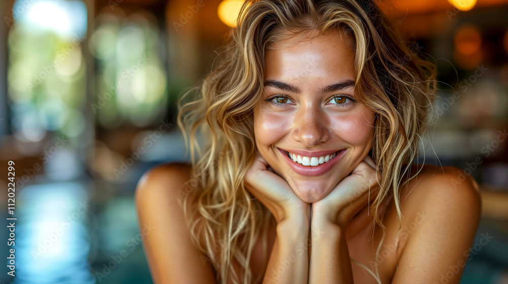 A woman with long blonde hair smiling at the camera A woman with long blonde hair smiling at the camera