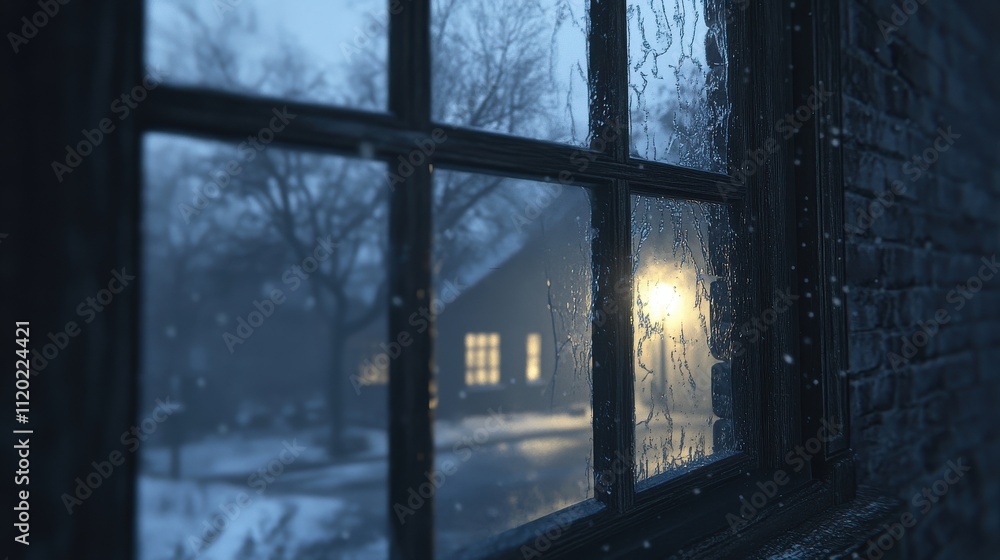 Cozy winter night view through a frosted window, warm light glowing outside
Cozy winter night view through a frosted window, warm light glowing outside