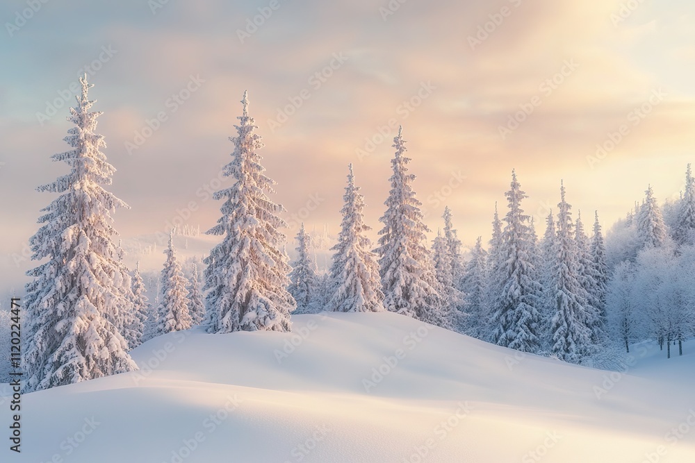 Snowy winter landscape with soft sunrise light Snowy winter landscape with soft sunrise light