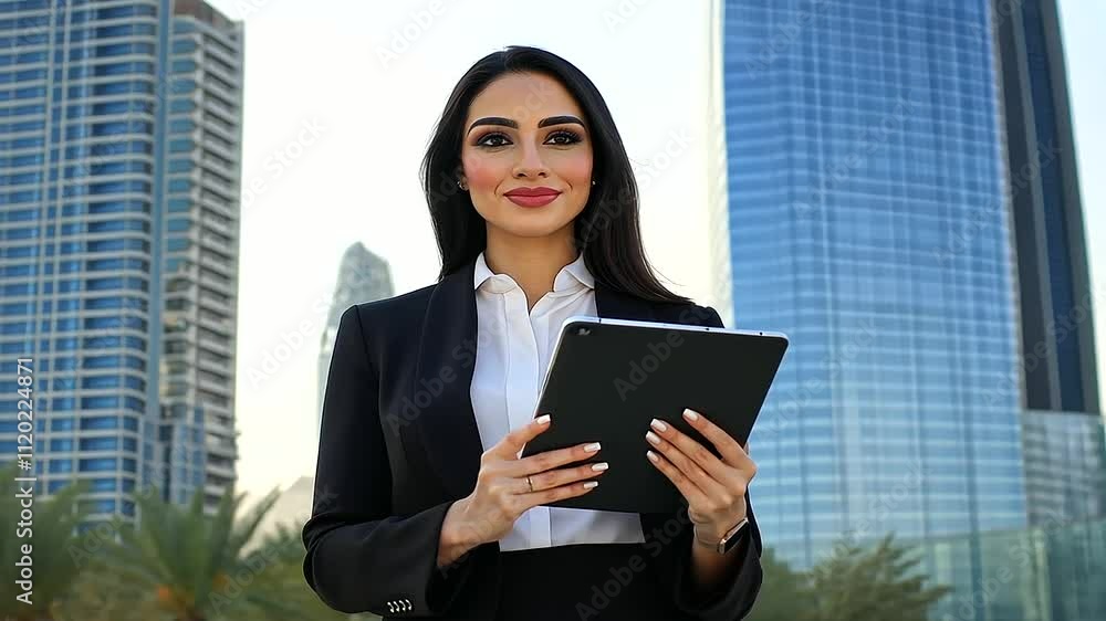 A Middle Eastern woman in business attire holding a tablet outdoors, against the backdrop of a modern cityscape and corporate building, creating a perfect copy space. A Middle Eastern woman in business attire holding a tablet outdoors, against the backdrop of a modern cityscape and corporate building, creating a perfect copy space.