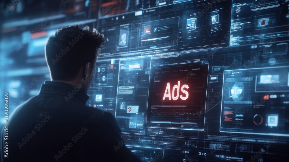 Man viewing digital ad campaign data on many screens. Man viewing digital ad campaign data on many screens.