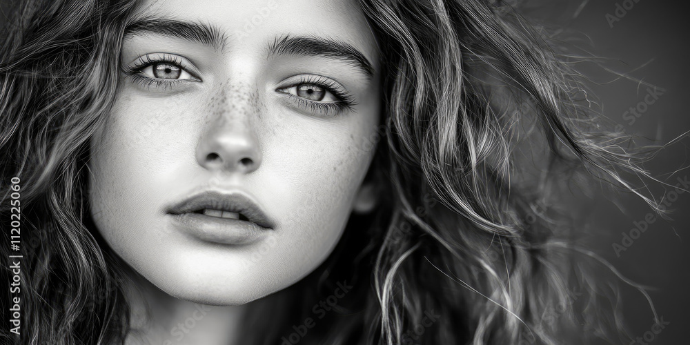 Dramatic Black and White Portrait of Young Woman with Head Tilted and Copyspace Background, Elegant and Bold Close-Up with Soft Lighting and Minimalist Space Dramatic Black and White Portrait of Young Woman with Head Tilted and Copyspace Background, Elegant and Bold Close-Up with Soft Lighting and Minimalist Space