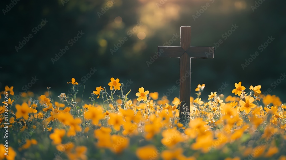 Wooden Cross in a Field of Yellow Flowers at Sunset Wooden Cross in a Field of Yellow Flowers at Sunset