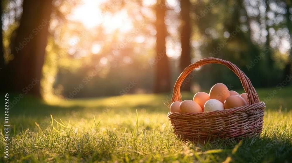 Freshly Collected Eggs in a Woven Basket on Green Grass Freshly Collected Eggs in a Woven Basket on Green Grass