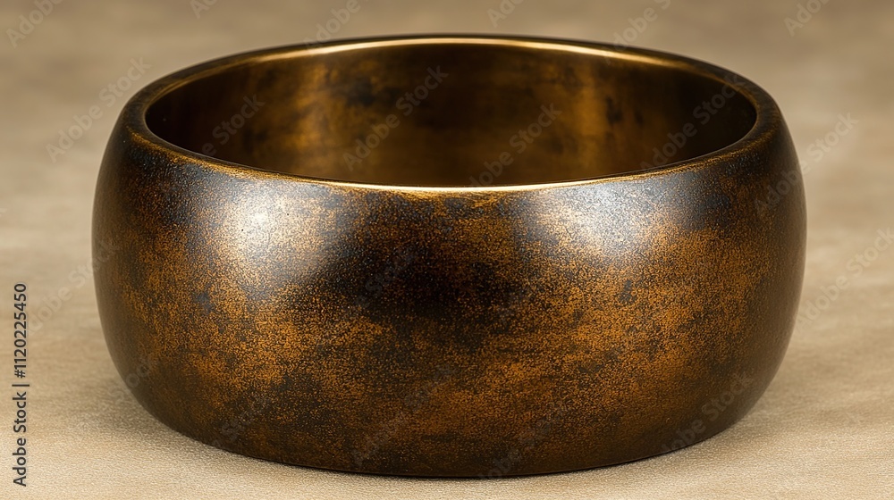 A round bronze-colored bowl with a smooth slightly uneven surface.
A round bronze-colored bowl with a smooth slightly uneven surface.