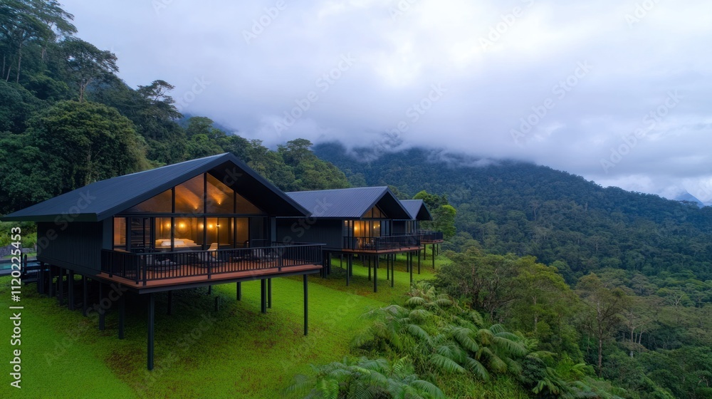 Fototapeta premium Modern cabins on stilts amidst lush green mountains.
