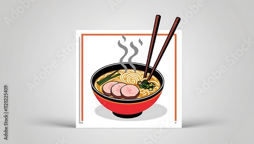 A steaming bowl of ramen noodles with pork and scallions photo