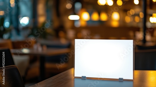Wallpaper Mural A blank white menu holder on the table in a restaurant, with a dark background and a blurry dining room Torontodigital.ca