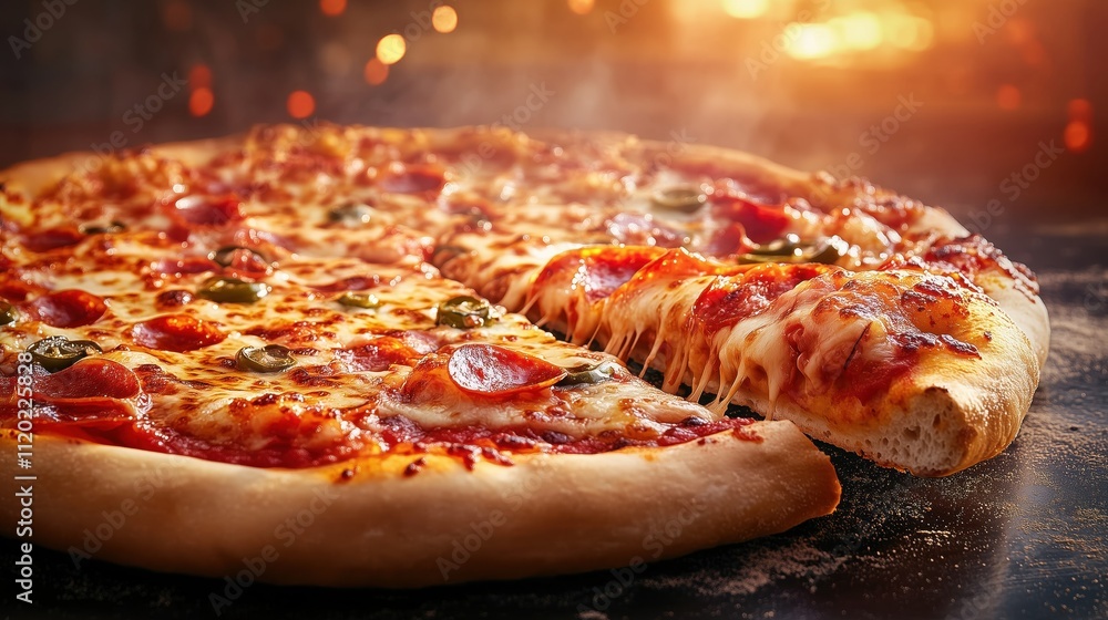 pizza , with one slice missing on the side, placed against a vibrant background. pizza , with one slice missing on the side, placed against a vibrant background.