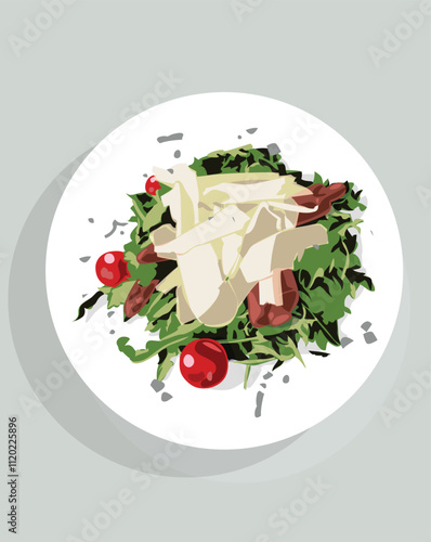 Vector food, green salad with arugula and tomatoes, green beans with sausages, decorated with parmesan, on a round plate