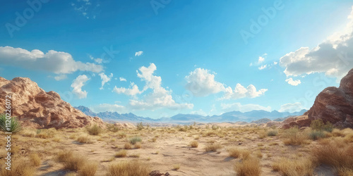 Desert Landscape Under Bright Blue Sky Background, Vast Sandy Desert with a Clear, Vibrant Blue Sky Above