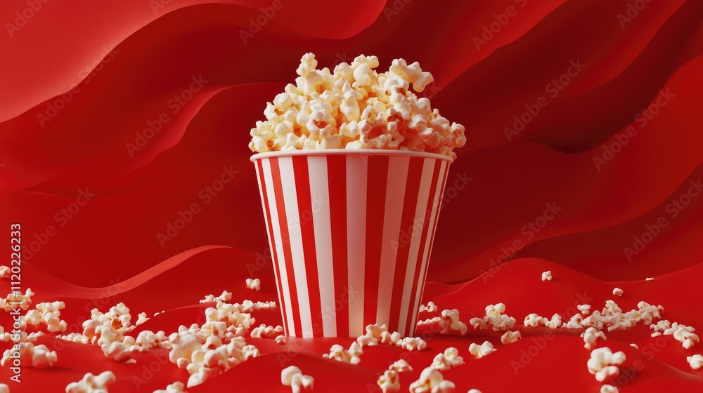 Classic Red and White Striped Popcorn Cup Filled with Delicious Popcorn on a Vibrant Red Background Ideal for Movie Night, Snack Time, or Food Promotion