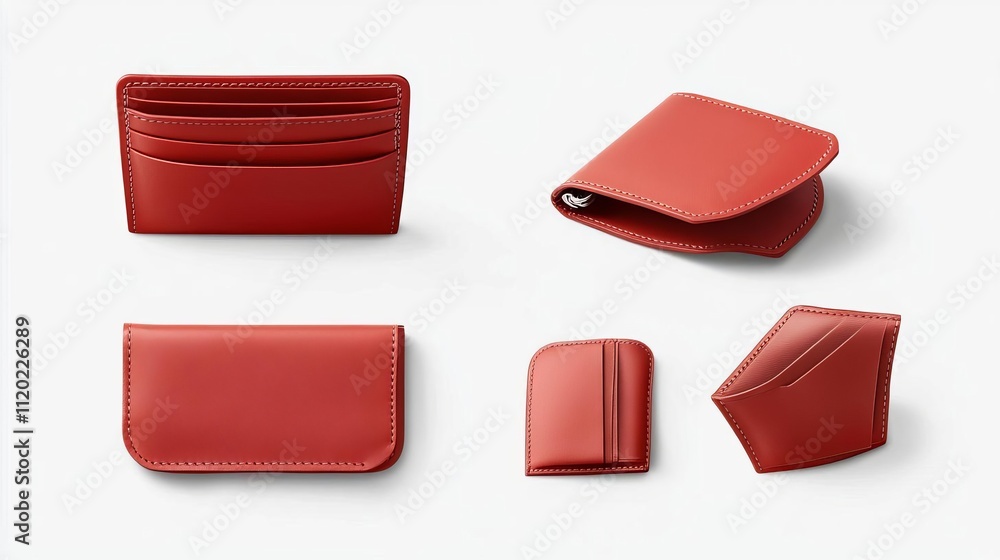 Red Leather Wallet Collection Multiple Views Stylish Minimalist Design Fashion Accessory Product Photography Red Leather Wallet Collection Multiple Views Stylish Minimalist Design Fashion Accessory Product Photography