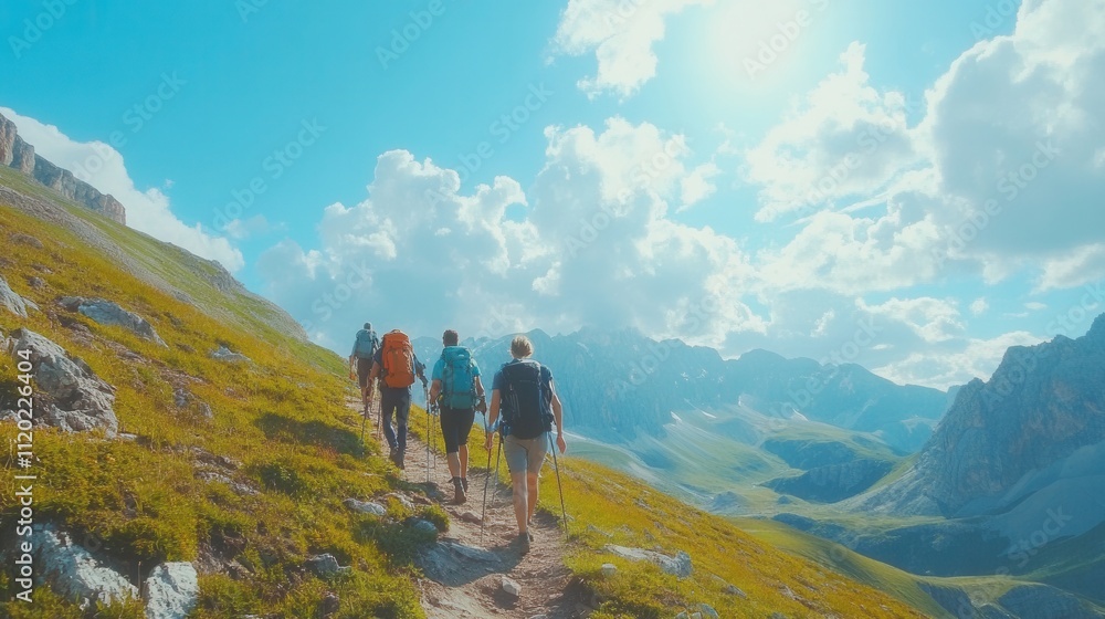 Obraz premium a group of friends hiking on a mountain trail surrounded by breathtaking landscapes, blue skies, and fresh air. 