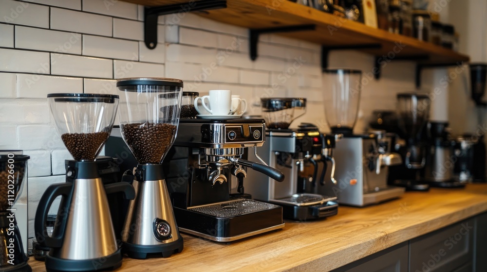 Modern Coffee Bar Setup with Espresso Machines and Coffee Grinders Modern Coffee Bar Setup with Espresso Machines and Coffee Grinders