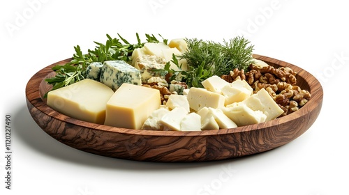 Assorted Cheeses Walnuts and Herbs on Wooden Platter photo