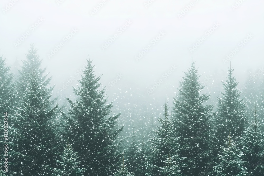 Snow-covered pine trees in a serene winter landscape Snow-covered pine trees in a serene winter landscape