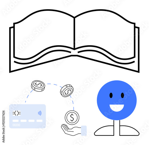 Open book above a smiling face, hand holding credit card with coins, emphasizing learning, financial management, happiness. Ideal for educational content, financial literacy, positive mindset