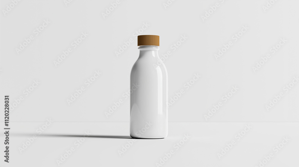 Sleek mockup of a white bottle with a secure wooden cap on a minimalist background Sleek mockup of a white bottle with a secure wooden cap on a minimalist background