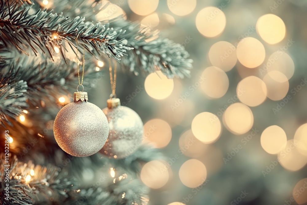 Sparkling Christmas baubles on tree with warm golden bokeh lights. Sparkling Christmas baubles on tree with warm golden bokeh lights.