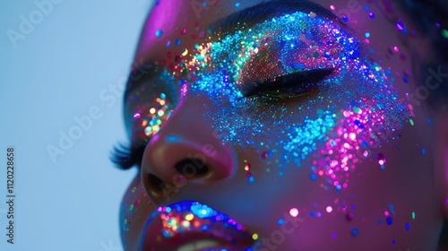  Intricately designed glitter makeup on a face