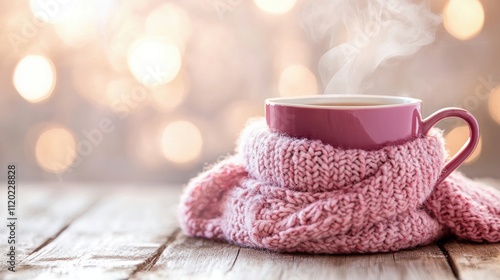 Wallpaper Mural Steaming cup of tea on a pink scarf with warm bokeh lights in the background
 Torontodigital.ca